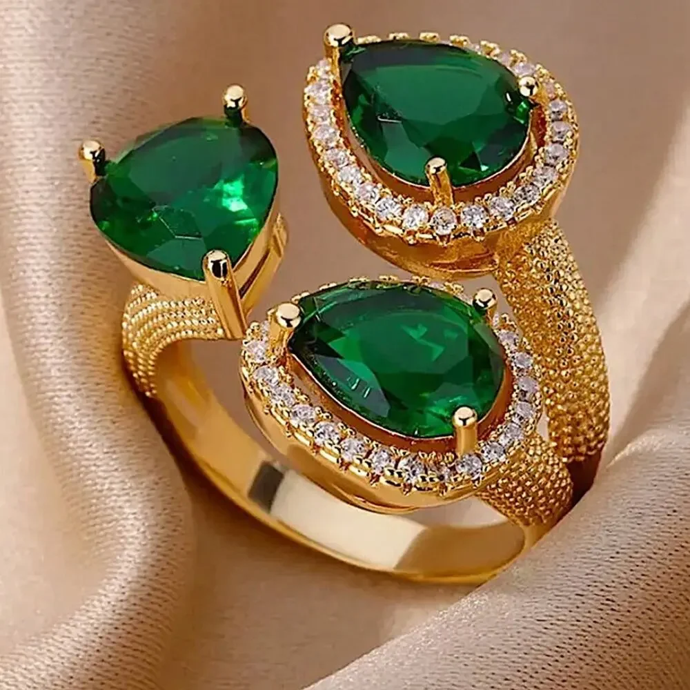 18K GOLD PLATED EMERALD LEAF RING ZIRCON ACCENTS ADJUSTABLE SIZE - Picture 6 of 6